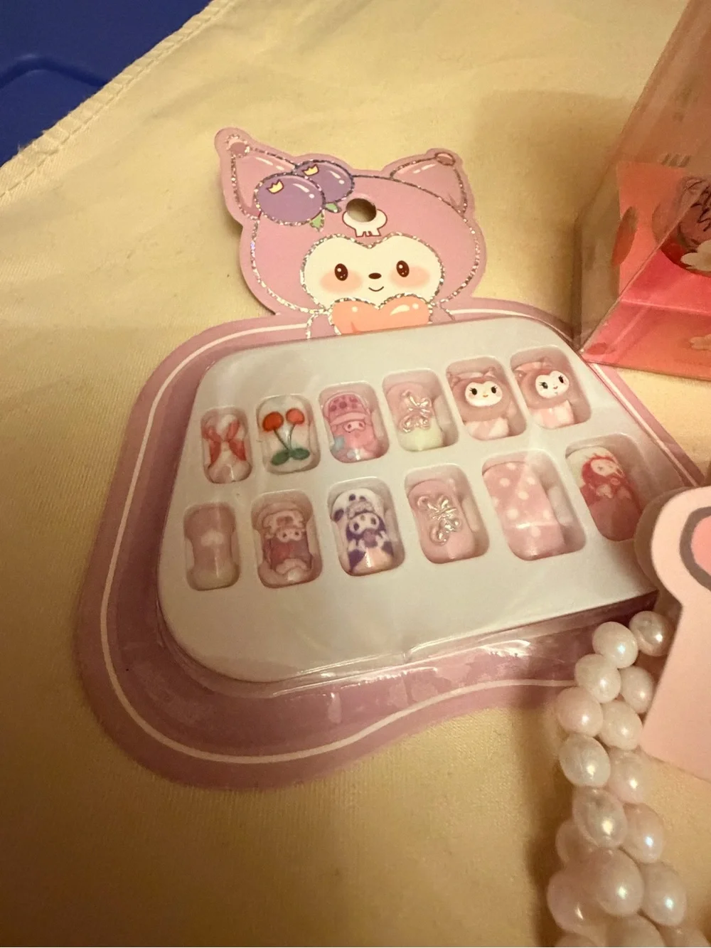 Nicole Kids Pink Beaded Bracelet Set with Floral Charm and Press-On Nails